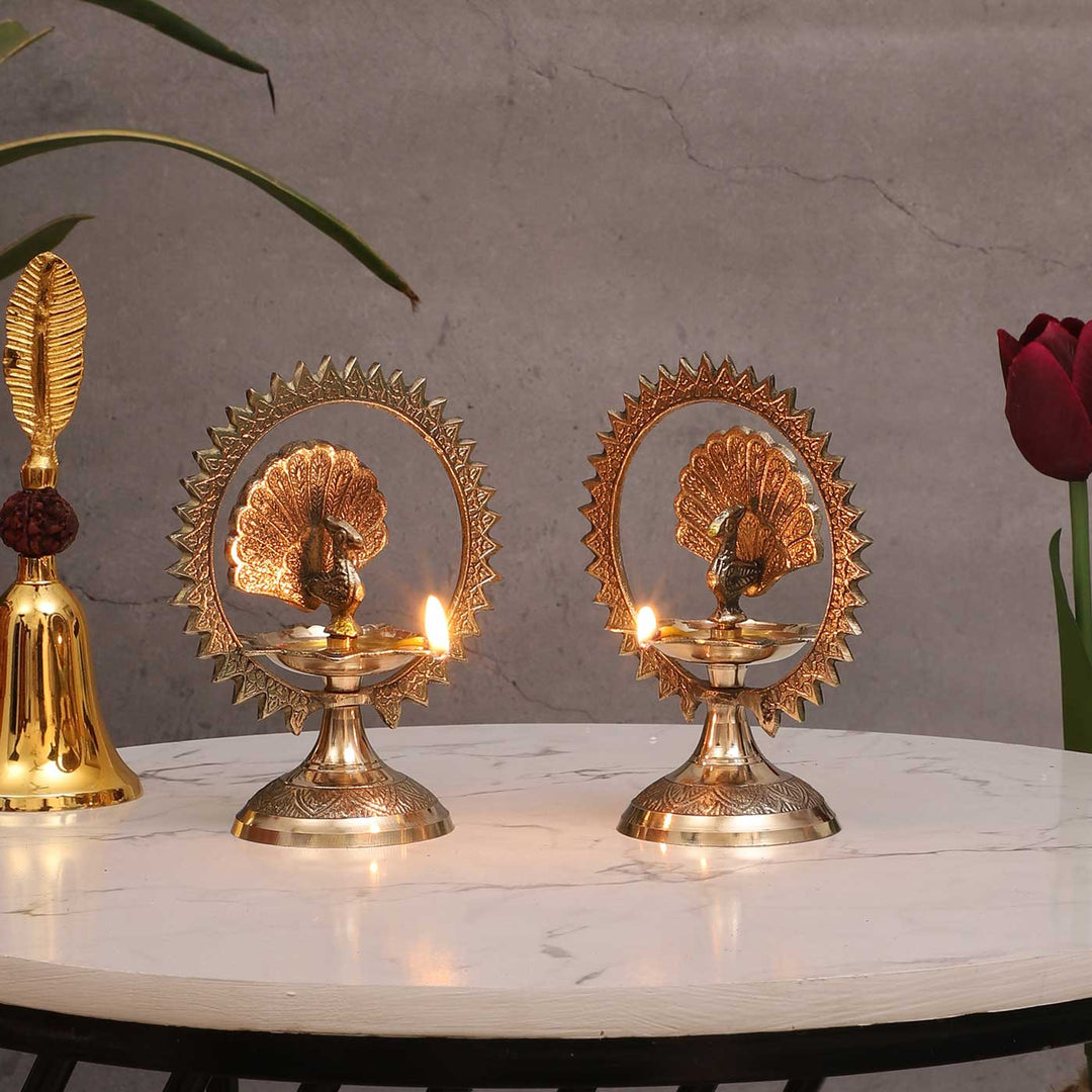 Handmade Peacock Brass Oil Lamp / Diya | Set of 2