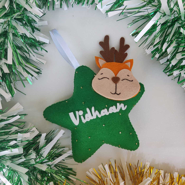 Personalised Christmas Star Ornament with Reindeer