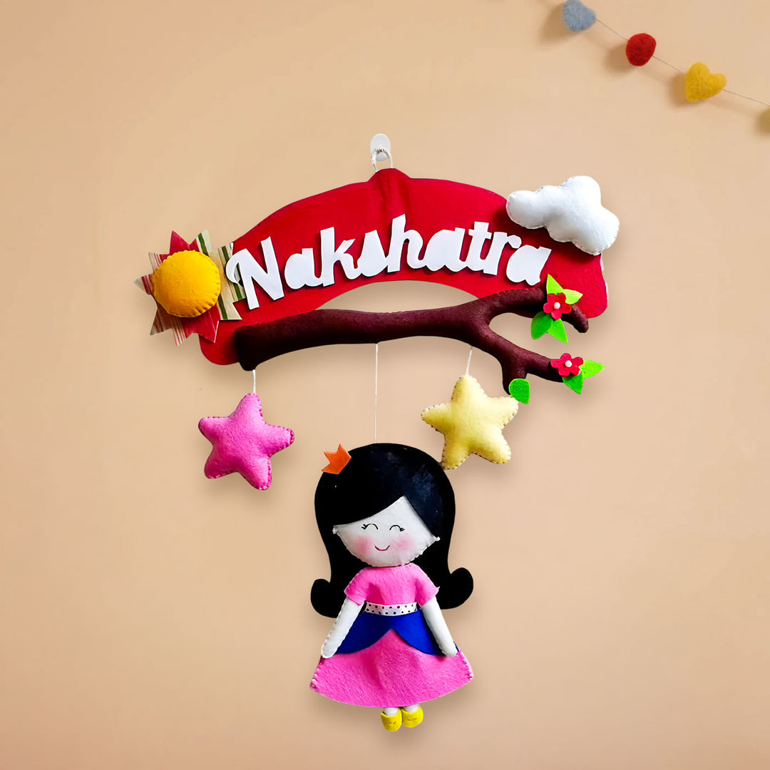 Personalized Handmade Doll & Branch Theme Felt Kids Name Plate