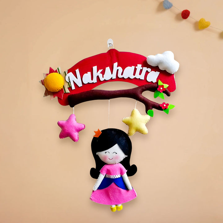 Personalized Handmade Doll & Branch Theme Felt Kids Name Plate