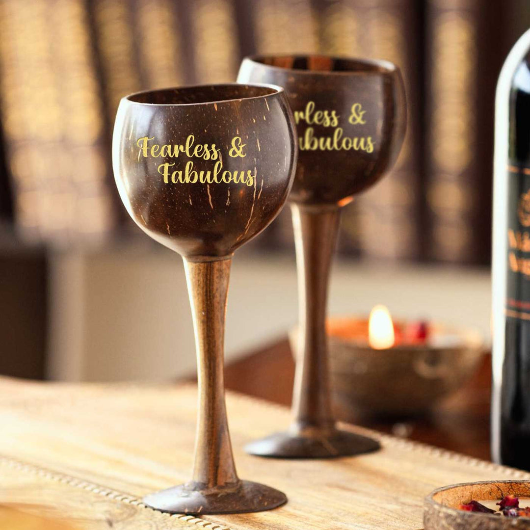 Personalized Eco-Friendly Handmade Wooden Coconut Shell Wine Glass | Set of 2