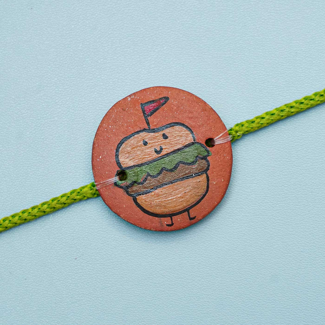 Hand-painted Burger Theme Terracotta Rakhi With Roli Chawal