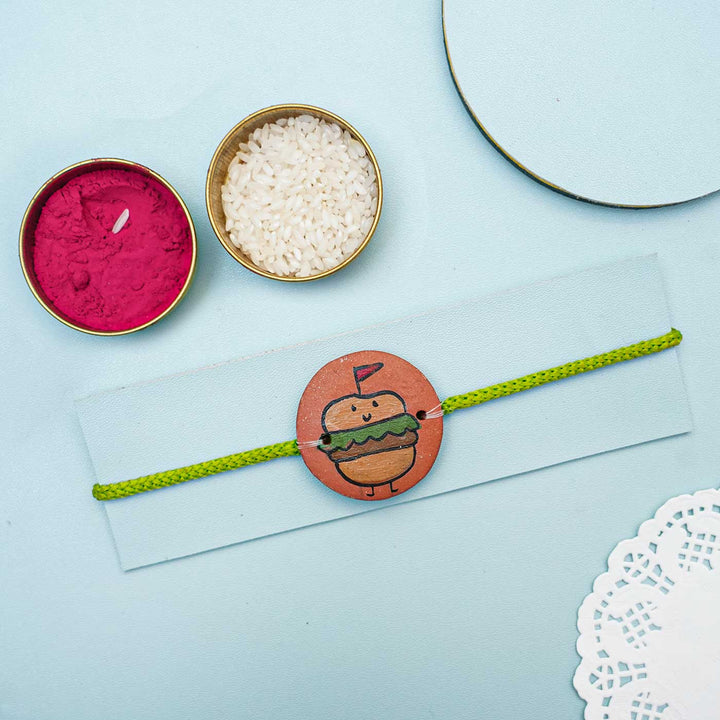 Hand-painted Burger Theme Terracotta Rakhi With Roli Chawal