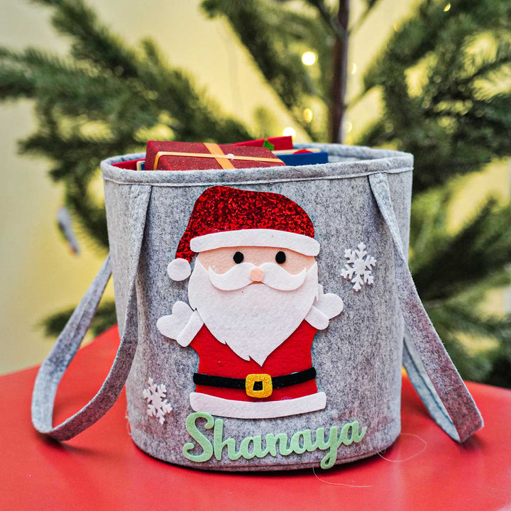 Personalized Grey Santa Felt Toy Basket | Secret Santa Gift Ideas