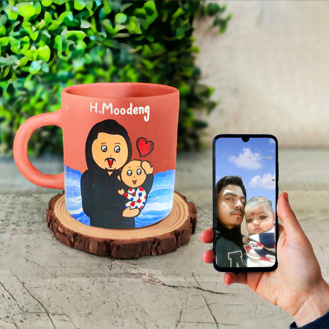 Photo Personalized Handpainted Terracotta Mug with Caricatures and Background