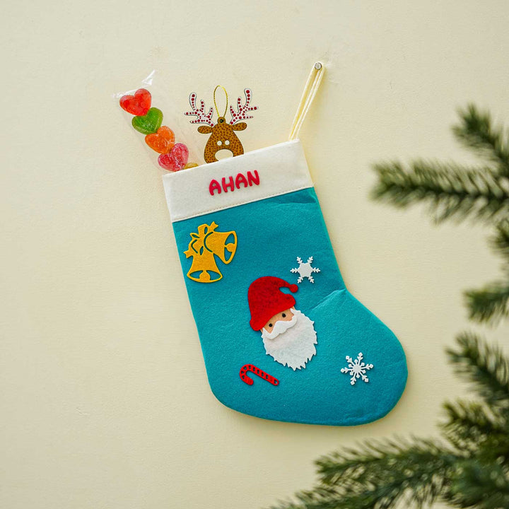 Personalized Light Blue Santa Felt Stockings For Christmas Decoration