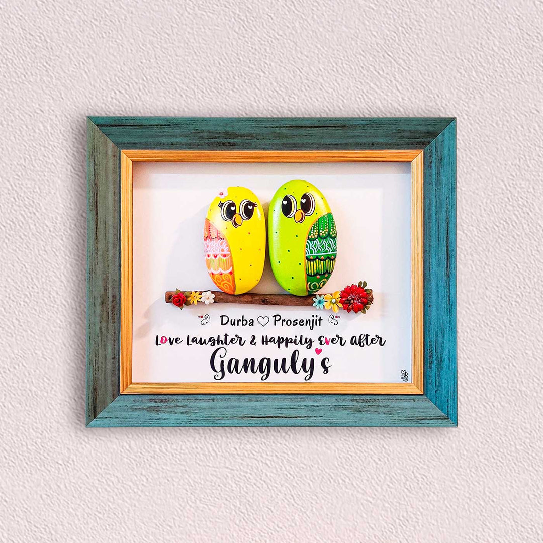 Personalized Pebble Art Cute Yellow & Green Couple Wooden Name Plate