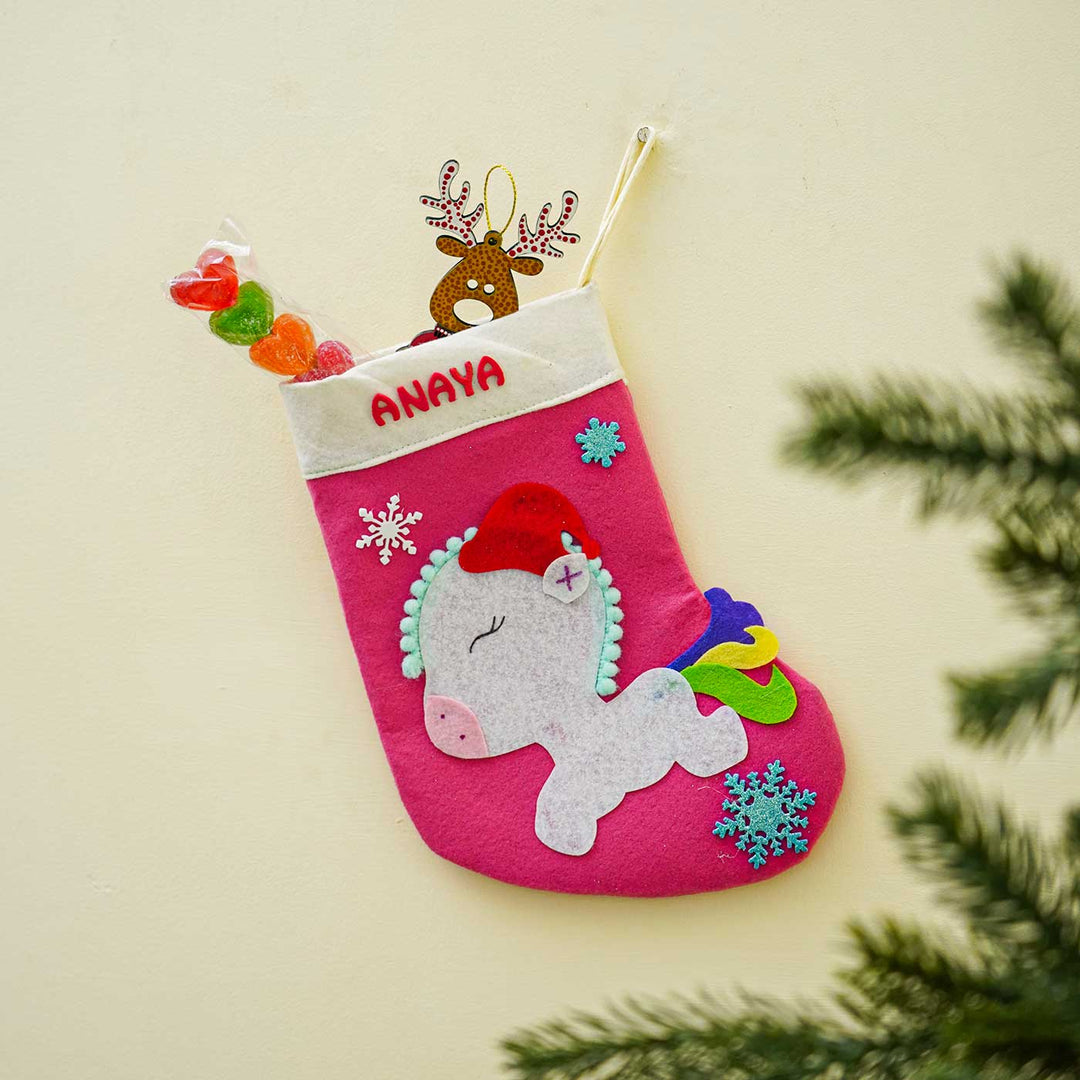 Personalized Pink Unicorn Felt Stockings For Christmas Decoration