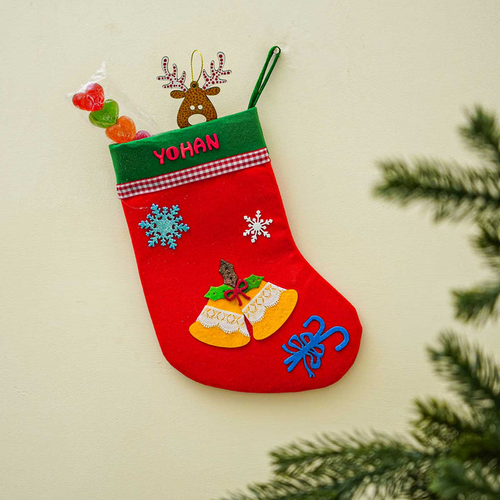 Personalized Green Holly Bells Felt Stockings For Christmas Decoration