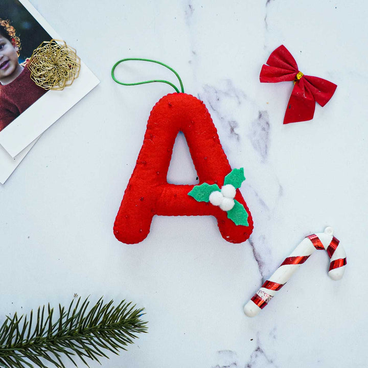 Personalized Red Monogram Kids Felt Ornament For Christmas Tree Decoration