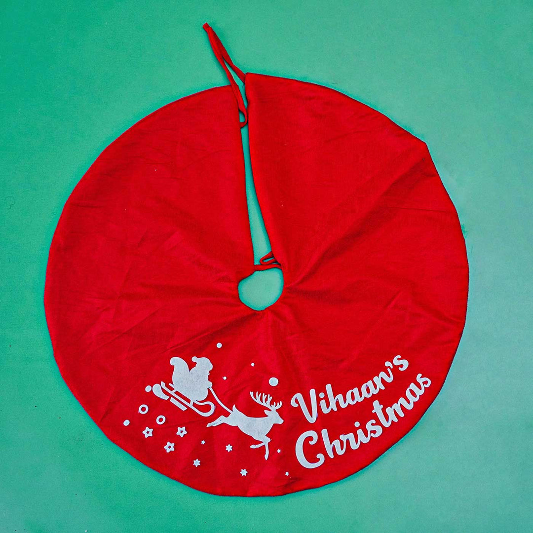 Personalized Red Santa & Reindeer Velvet Tree Skirt For Christmas Decoration