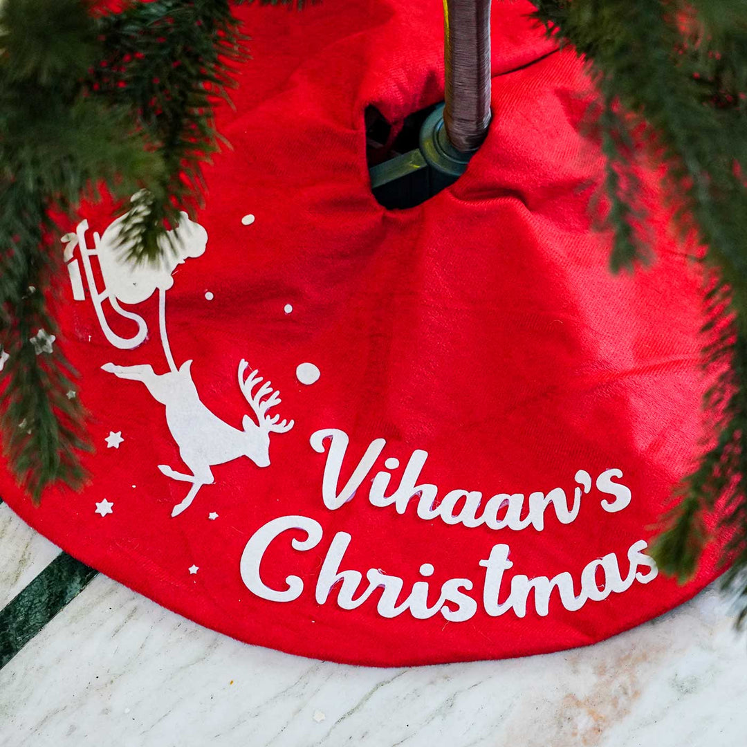 Personalized Red Santa & Reindeer Velvet Tree Skirt For Christmas Decoration