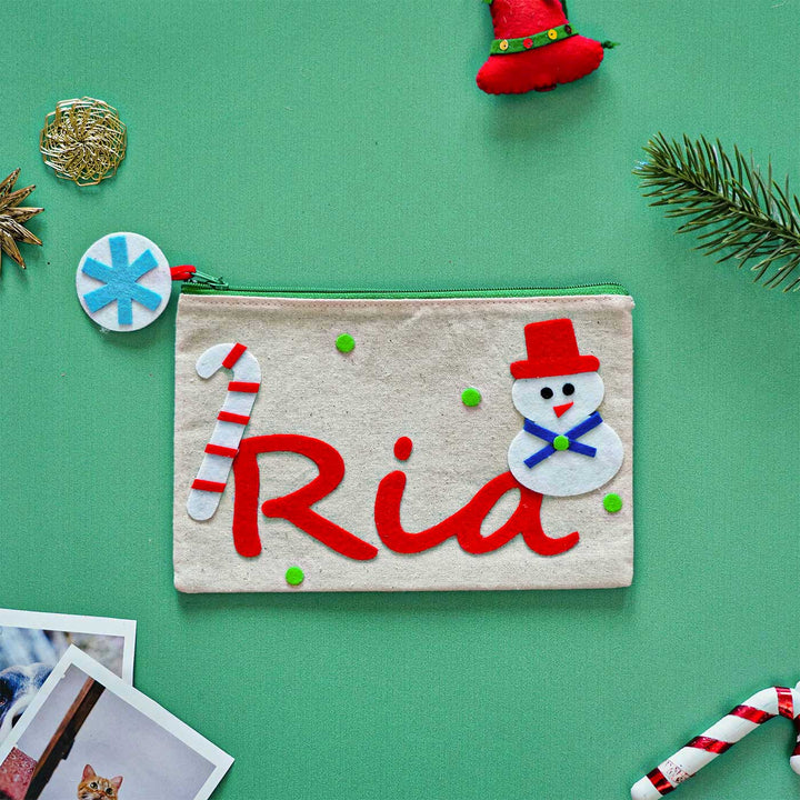 Personalized Snowman & Candy Kora Fabric Pouch | Xmas Gifting Ideas