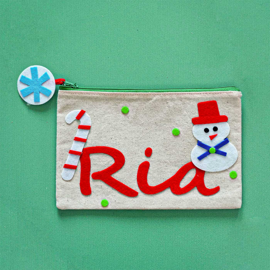 Personalized Snowman & Candy Kora Fabric Pouch | Xmas Gifting Ideas