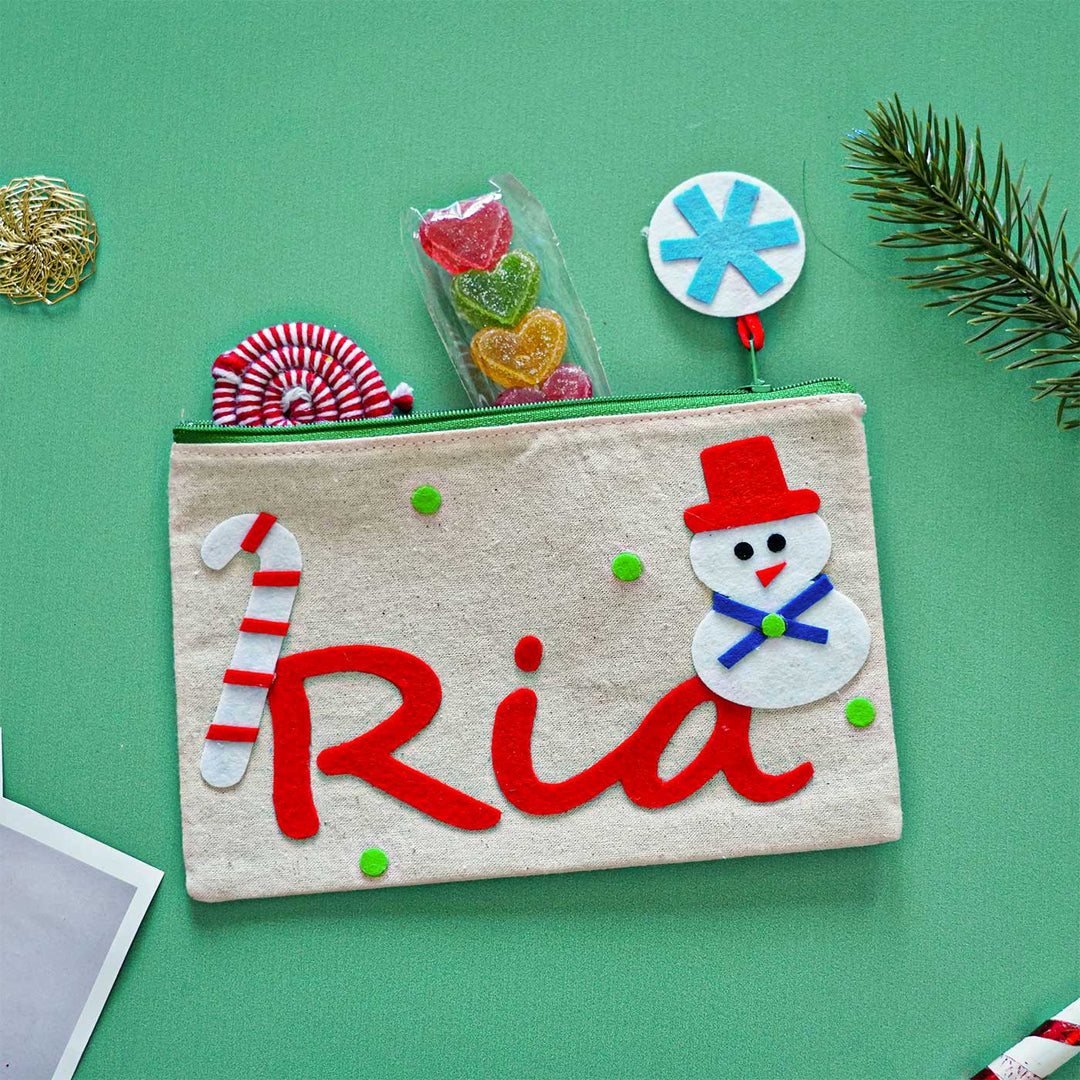 Personalized Snowman & Candy Kora Fabric Pouch | Xmas Gifting Ideas