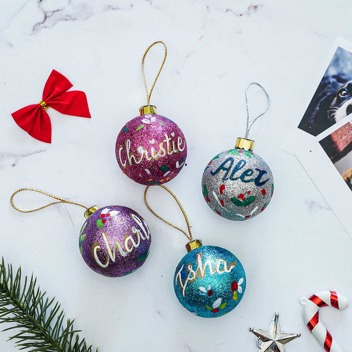 Personalized Sparkle Small Ball Ornaments For Christmas Tree Decoration | Set Of 4