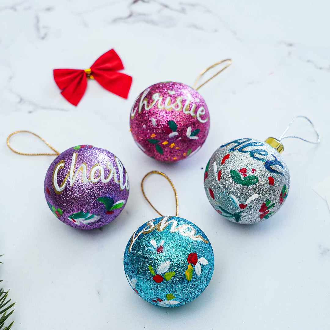 Personalized Sparkle Small Ball Ornaments For Christmas Tree Decoration | Set Of 4