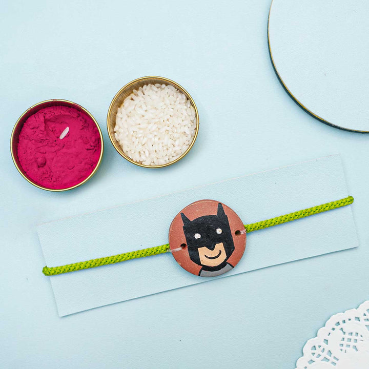 Hand-painted Batman Terracotta Rakhi With Roli Chawal for Kids