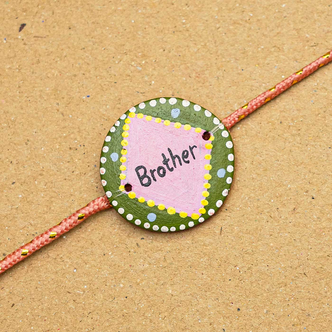 Personalized Terracotta Green & Pink Rakhi With Roli Chawal