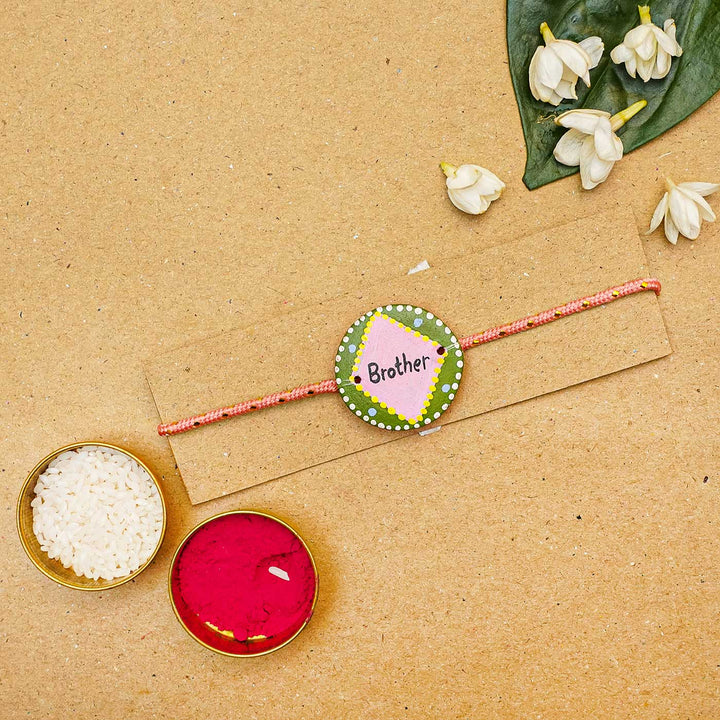 Personalized Terracotta Green & Pink Rakhi With Roli Chawal