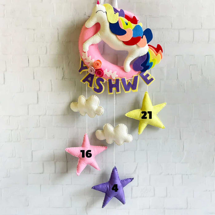 Handmade Unicorn on the Moon Kids Felt Name Hanging with Birthdate