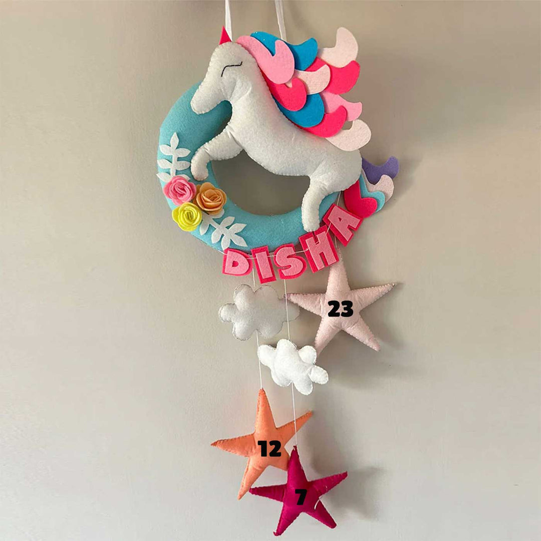 Handmade Unicorn on the Moon Kids Felt Name Hanging with Birthdate