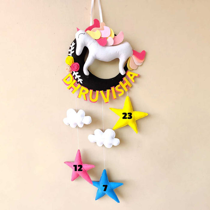 Handmade Unicorn on the Moon Kids Felt Name Hanging with Birthdate