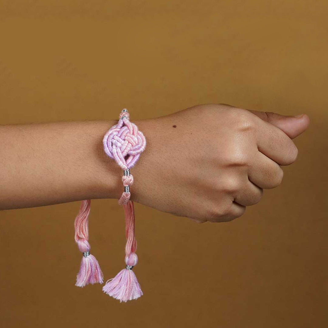 Reusable Embroidered Pink Ombre Infinity Knot Rakhi With Roli Chawal