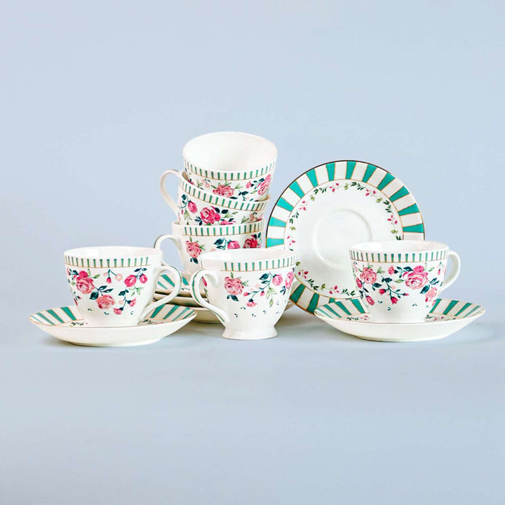 Portrait Of A Rose Porcelain Cup & Saucer | Set Of 6, 12 Pcs