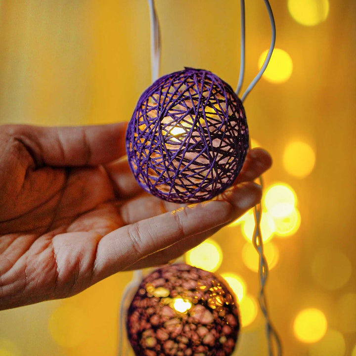 Handcrafted Yarn Spherical Fairy Light Hangings - Purple