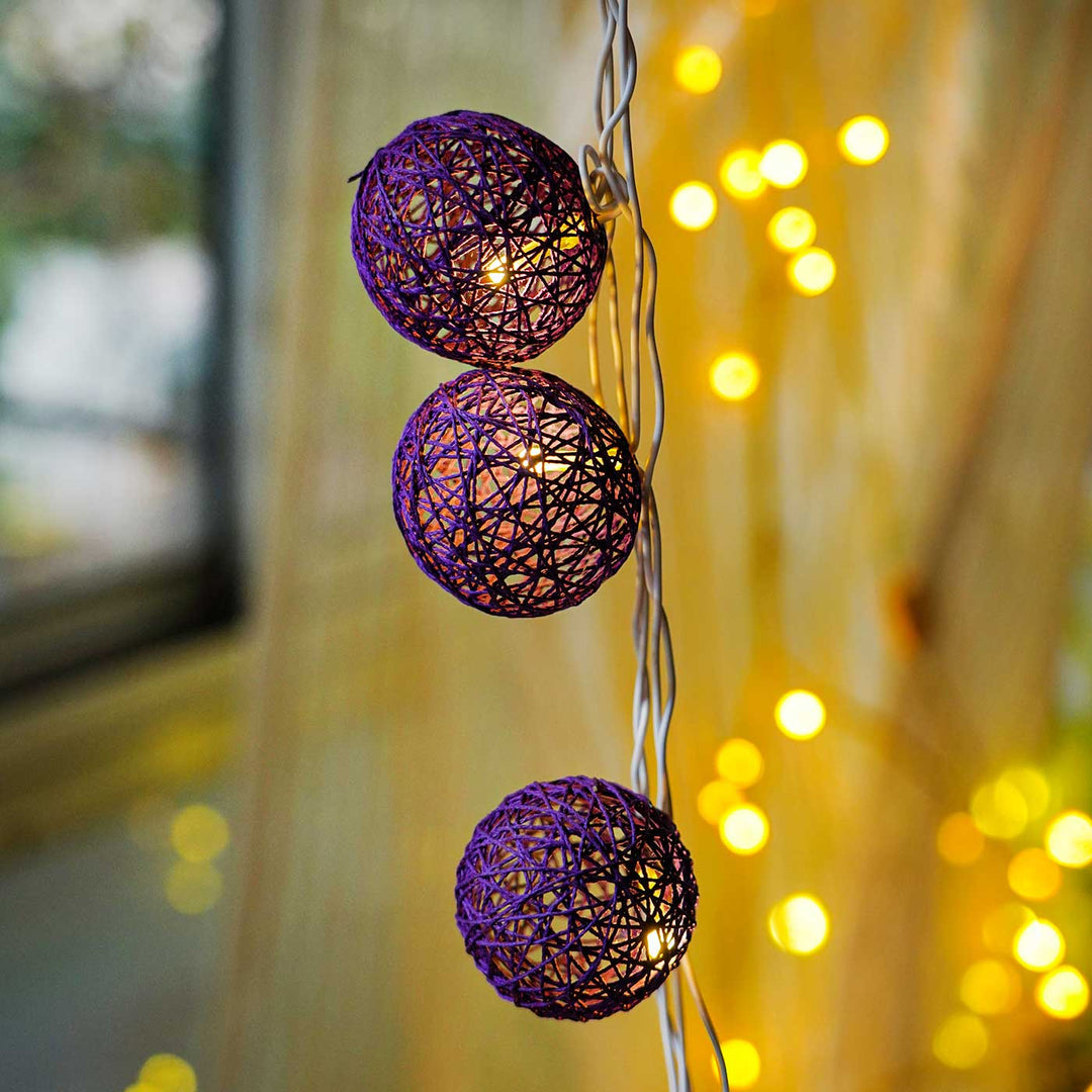 Handcrafted Yarn Spherical Fairy Light Hangings - Purple