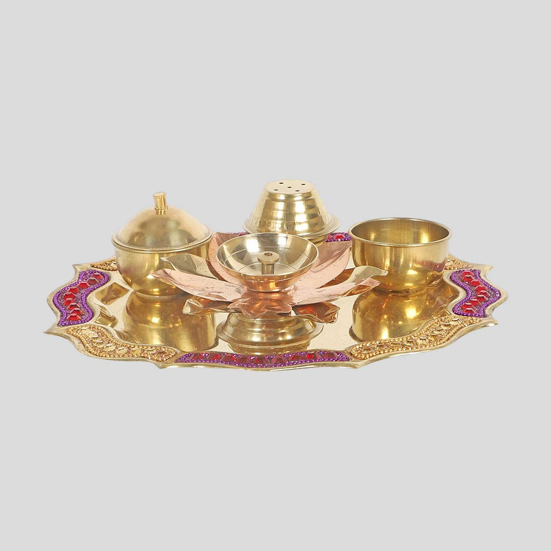 Handmade Purple & Gold Brass Puja Thali | Set of 4