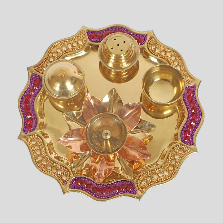 Handmade Purple & Gold Brass Puja Thali | Set of 4