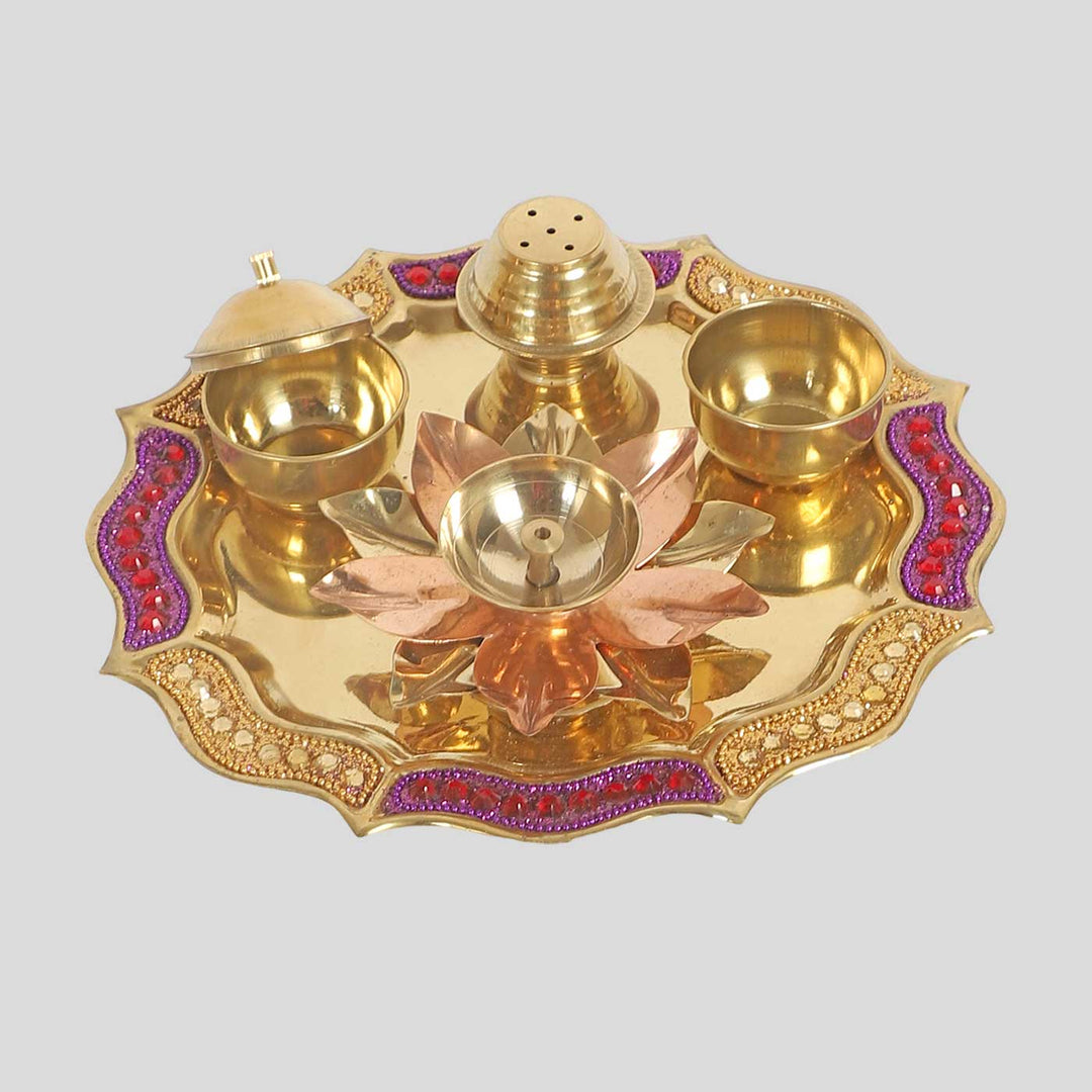 Handmade Purple & Gold Brass Puja Thali | Set of 4