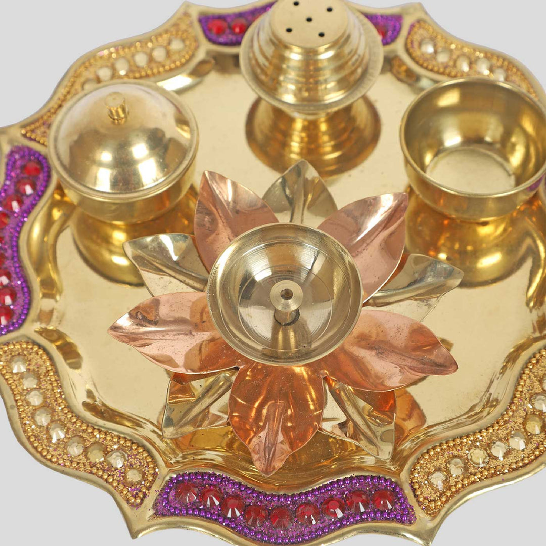 Handmade Purple & Gold Brass Puja Thali | Set of 4