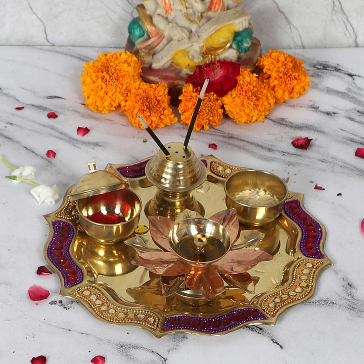 Handmade Purple & Gold Brass Puja Thali | Set of 4