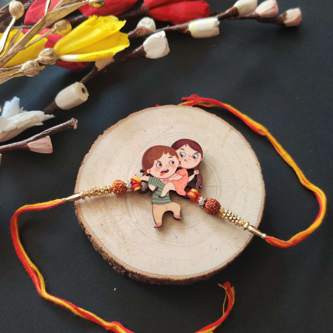 Handmade Printed Annoying Brother Wooden Rudraksha Rakhi With Roli Chawal