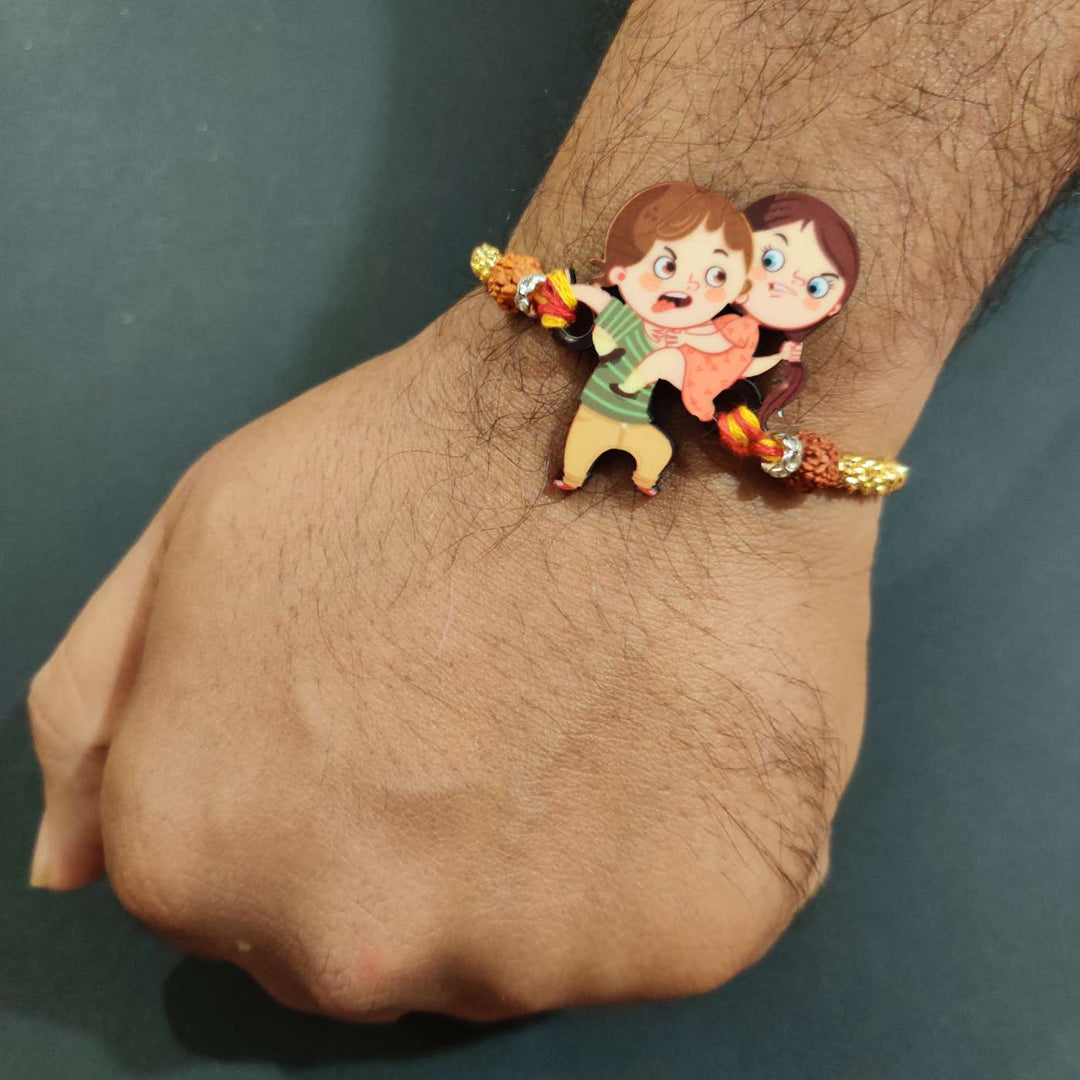 Handmade Printed Annoying Brother Wooden Rudraksha Rakhi With Roli Chawal