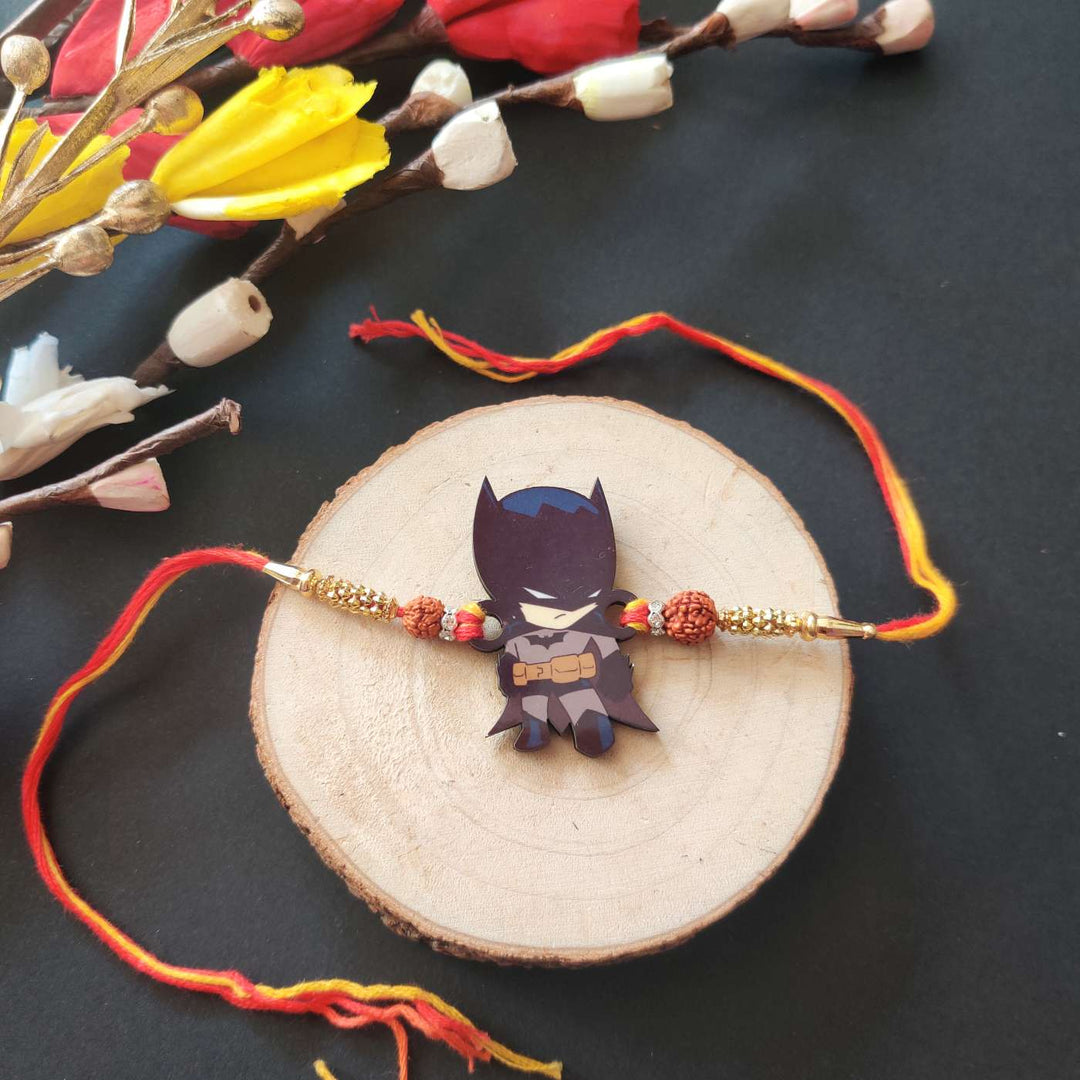 Handmade Printed Batman Wooden Rudraksha Rakhi With Roli Chawal