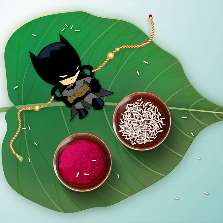 Handmade Printed Batman Wooden Rudraksha Rakhi With Roli Chawal