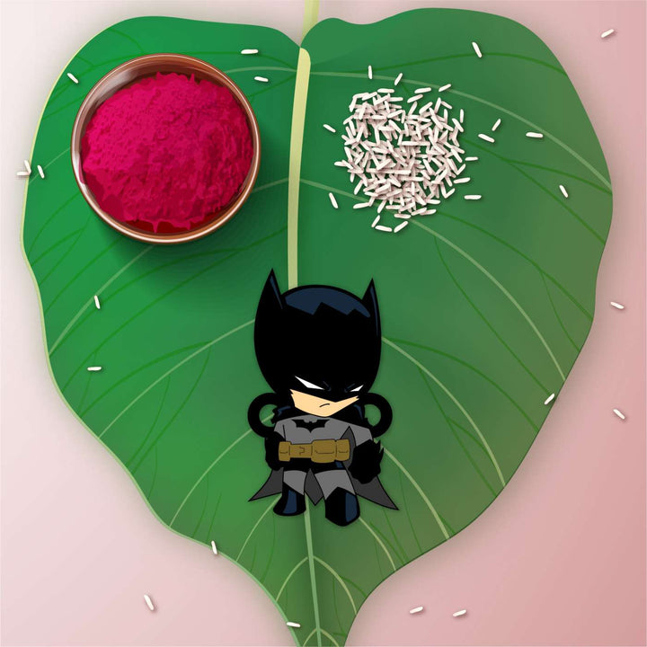 Handmade Printed Batman Wooden Rudraksha Rakhi With Roli Chawal