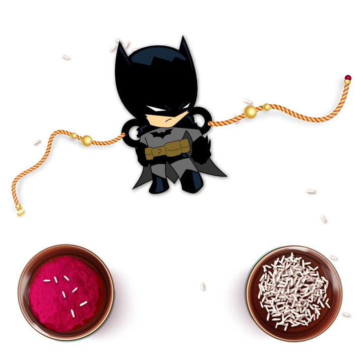 Handmade Printed Batman Wooden Rudraksha Rakhi With Roli Chawal