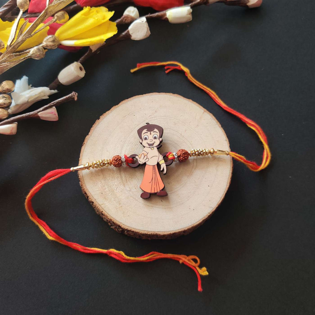 Handmade Printed Chota Bheem Wooden Rudraksha Rakhi With Roli Chawal