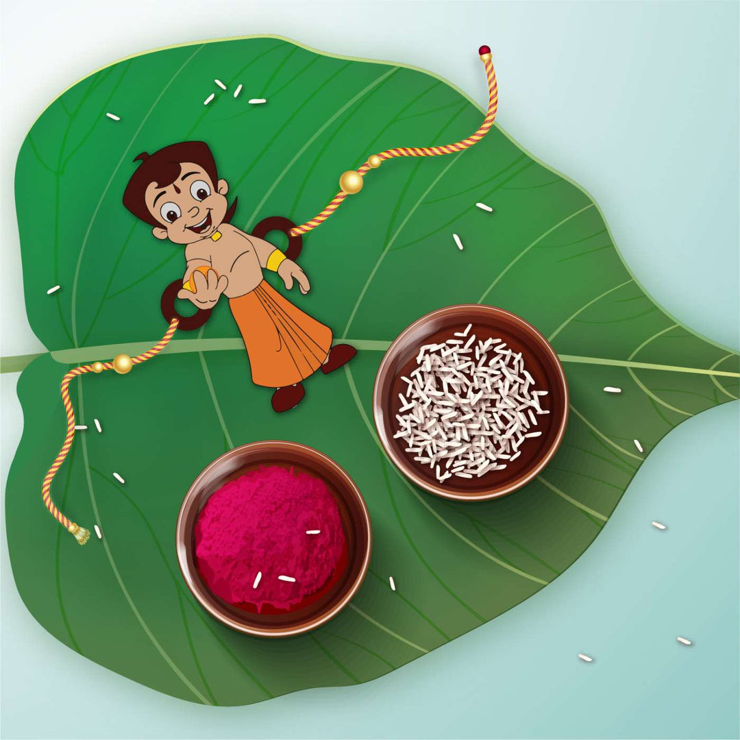 Handmade Printed Chota Bheem Wooden Rudraksha Rakhi With Roli Chawal