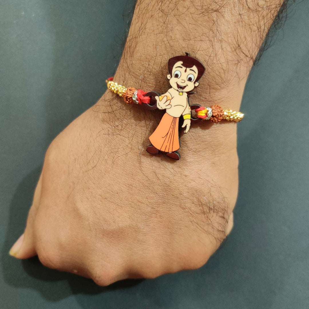 Handmade Printed Chota Bheem Wooden Rudraksha Rakhi With Roli Chawal