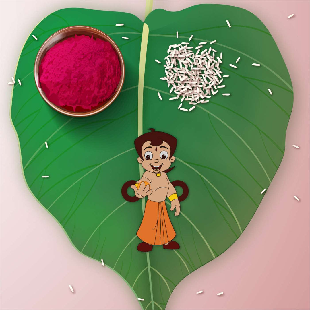 Handmade Printed Chota Bheem Wooden Rudraksha Rakhi With Roli Chawal