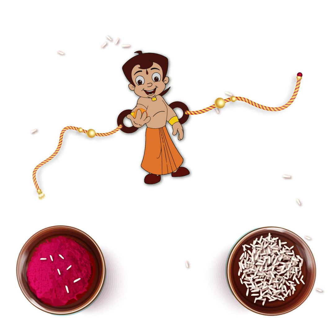 Handmade Printed Chota Bheem Wooden Rudraksha Rakhi With Roli Chawal