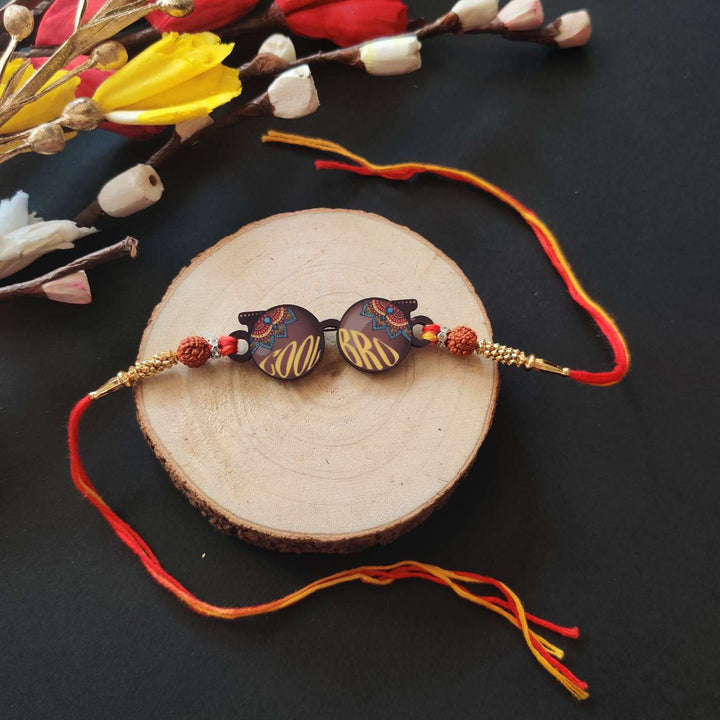 Handmade Printed Cool Bro Wooden Rudraksha Rakhi With Roli Chawal