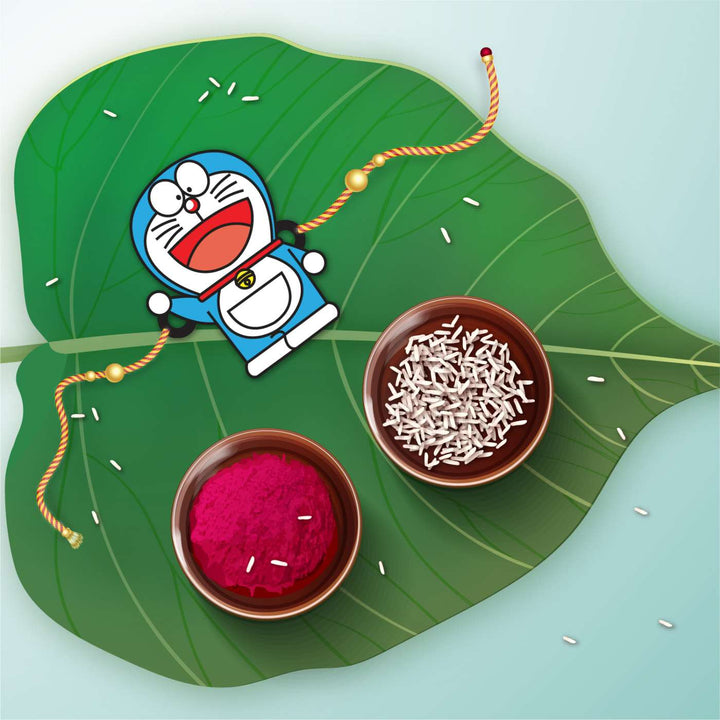 Handmade Printed Doraemon Wooden Rudraksha Rakhi With Roli Chawal