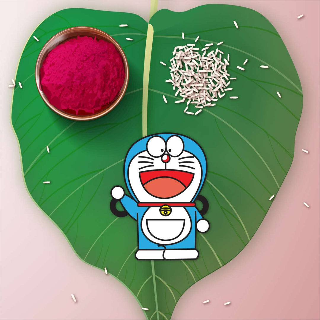 Handmade Printed Doraemon Wooden Rudraksha Rakhi With Roli Chawal